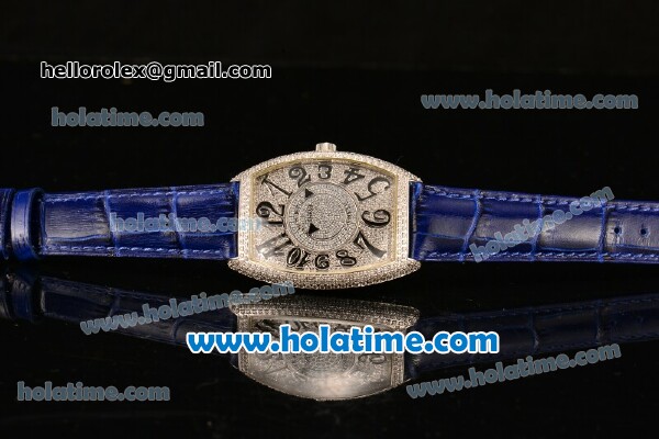 Franck Muller Cintree Curvex Swiss Quartz Steel/Diamonds Case with Diamonds Dial Numeral Markers and Blue Leather Strap - Click Image to Close